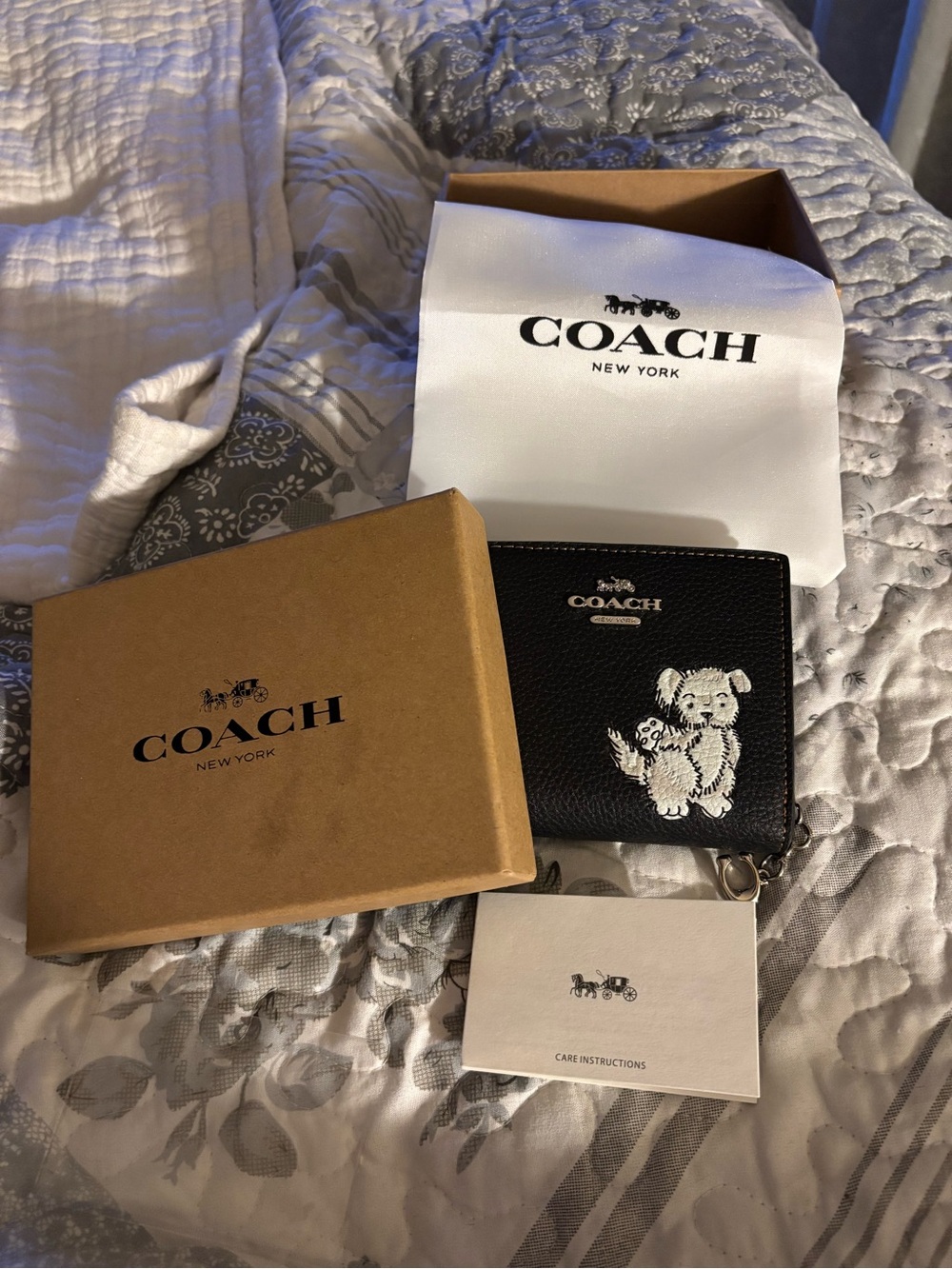 Coach Black Leather Card Case with White Puppy Embroidery